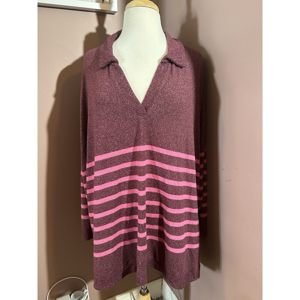 Maurices Sweater Womens 3X Pink Striped Knit Collared 3/4 Sleeve Top New